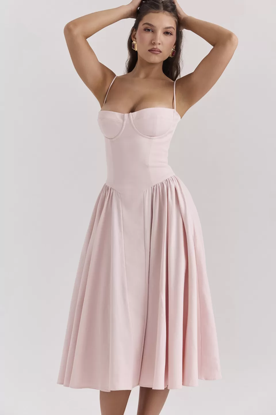 House of CB 'Samaria' Ballerina Pink Twill Corset Midi Dress Fashion