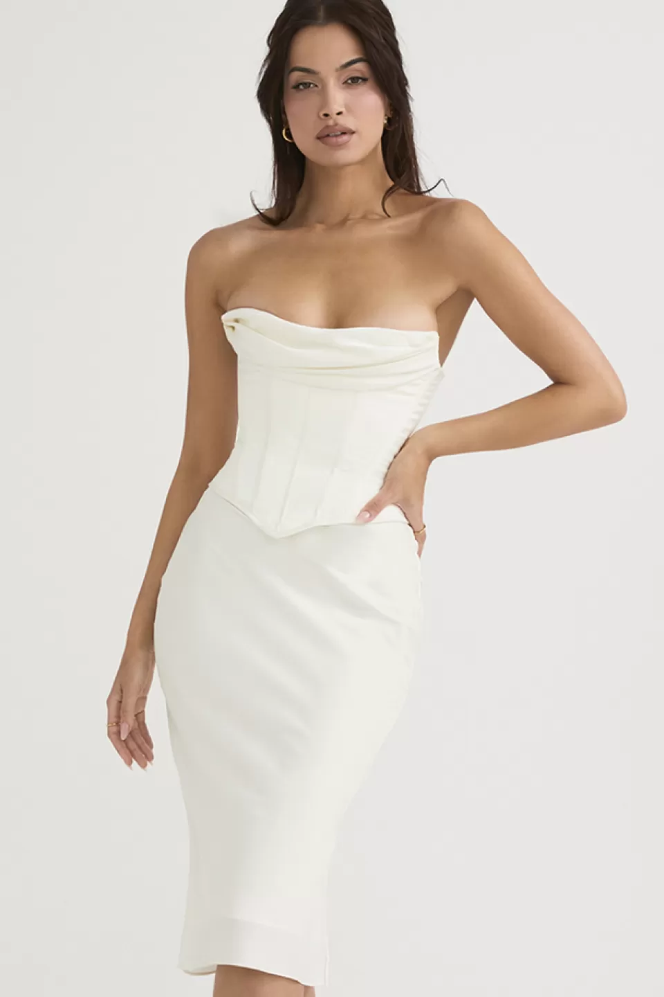 House of CB 'Sienna' Ivory Satin Strapless Corset Midi Dress Shop