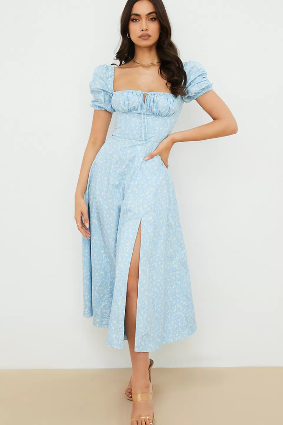 House of CB 'Tallulah' Blue Ivory Floral Puff Sleeve Midi Dress Store