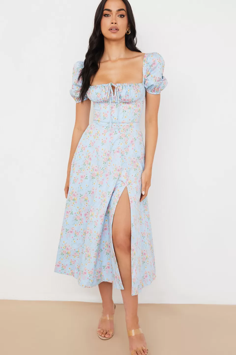 House of CB 'Tallulah' Blue Vintage Floral Puff Sleeve Midi Dress Discount