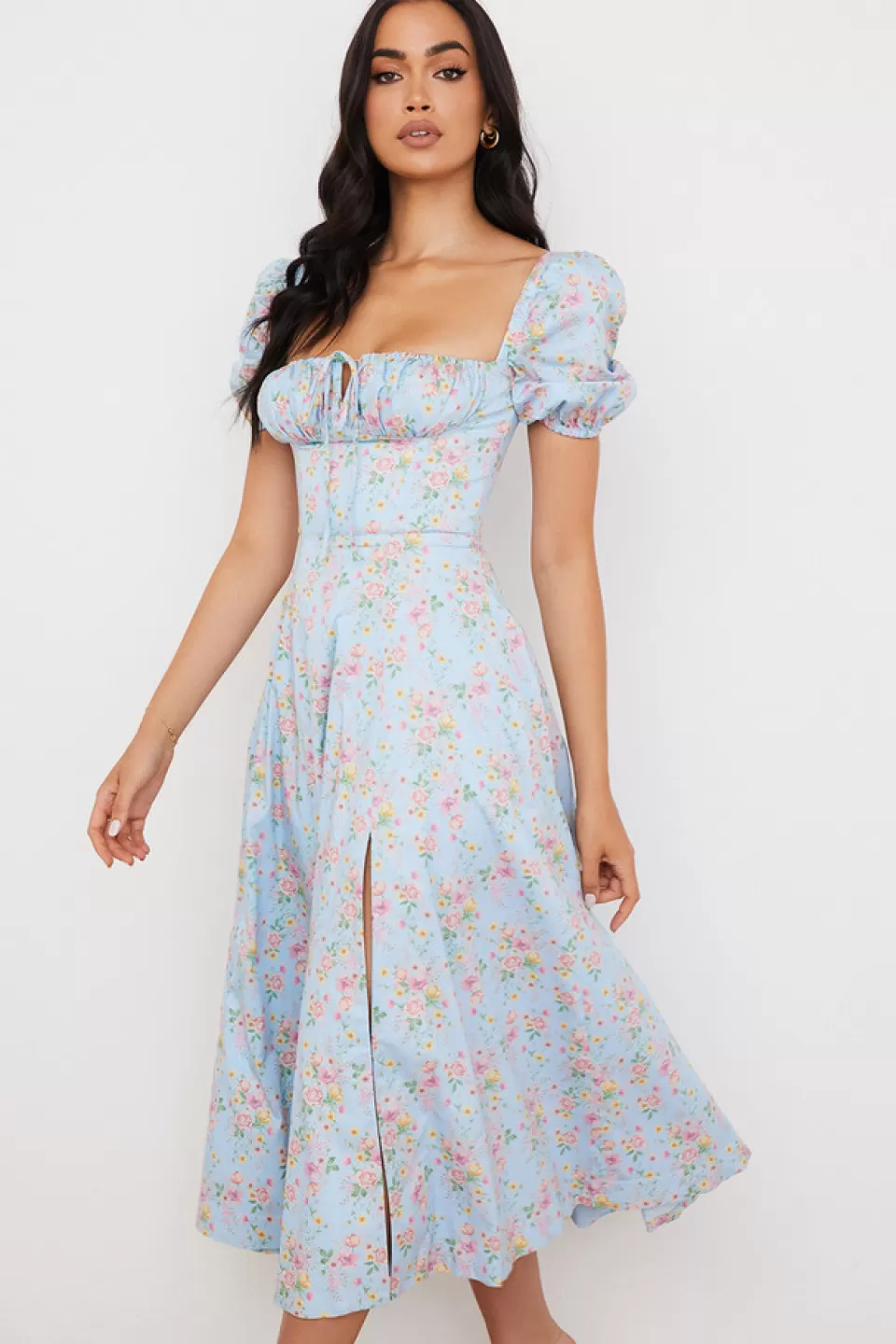 House of CB 'Tallulah' Blue Vintage Floral Puff Sleeve Midi Dress Discount
