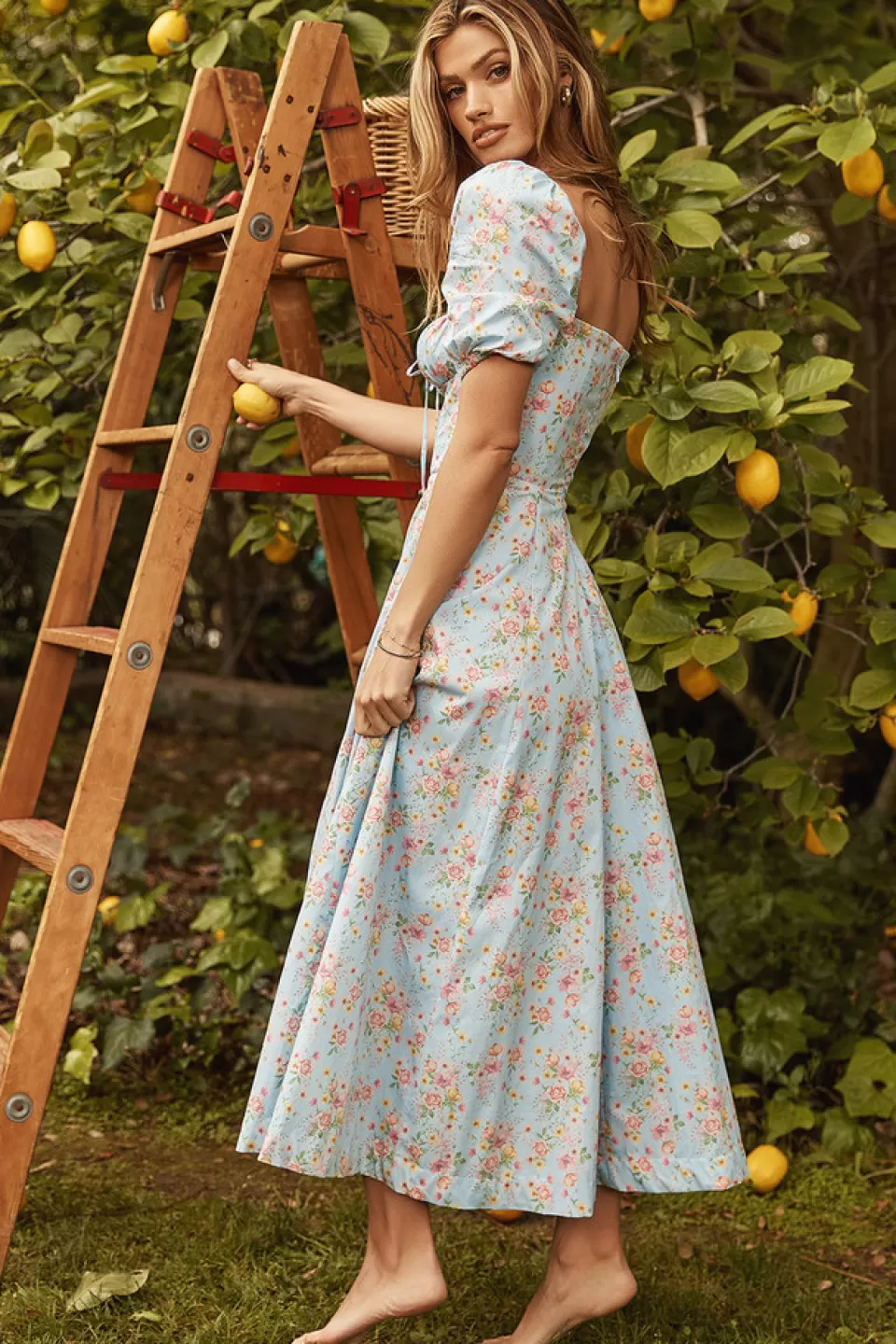 House of CB 'Tallulah' Blue Vintage Floral Puff Sleeve Midi Dress Discount