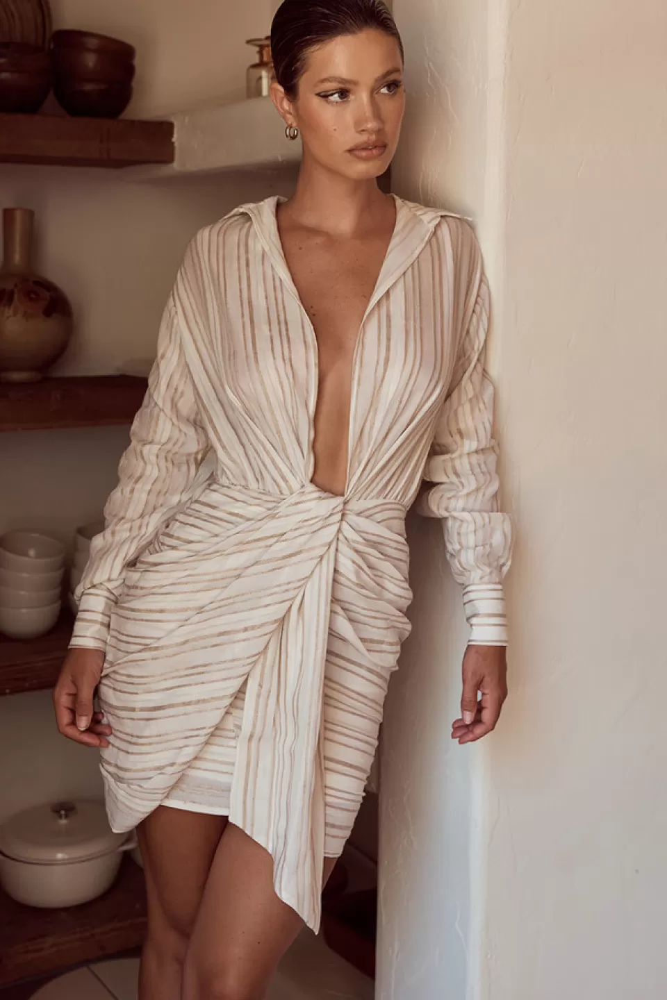 House of CB 'Yaya' Natural Striped Linen Draped Shirt Dress Best Sale