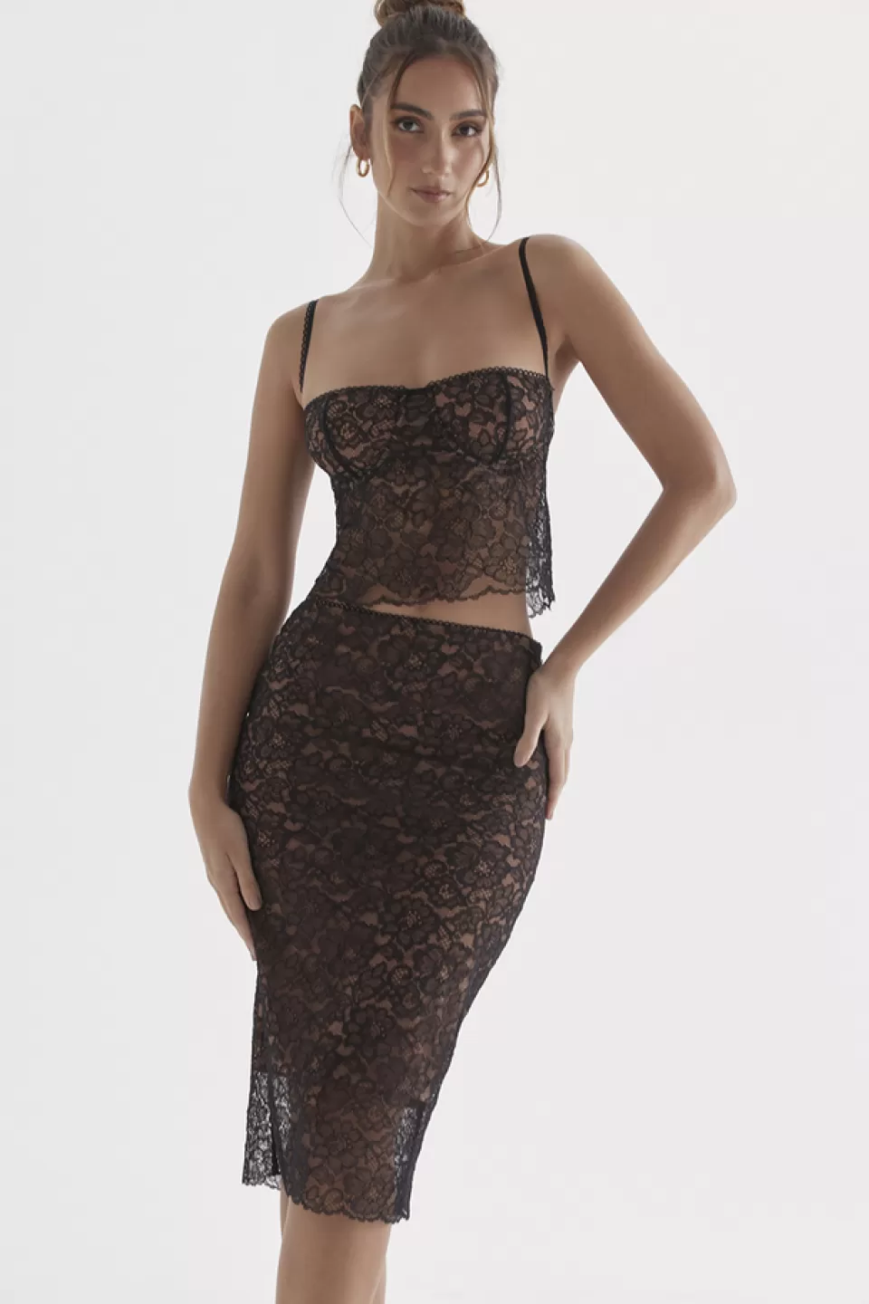 House of CB 'Yolanda' Black Lace Midi Skirt Flash Sale